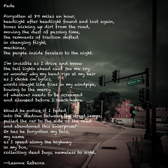 Fade  Forgotten at 80 miles an hour, headlight after headlight found and lost again, boxes kicking up dirt from the road, moving the dust of passing time, the remnants of traction shifted in changing flight, machines, the people inside faceless to the night.  I’m invisible as I drive and know the tail lights ahead can’t see me cry or wonder why my hand rips at my hair as I choke on lyrics, words caught like flies in my windpipe, bowing to the mercy of whatever needs to be screamed and silenced before I reach home.  Would he notice if I faded into the shadows between the street lamps, pulled the car to the side of the road and abandoned this enterprise? Or has he forgotten my face,  my name as I speed along the highway in my box, collecting dead bugs, nameless to sight.