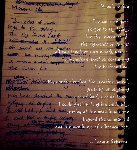 Monotone Sky  The color of dusk forgot to fly today, the sky muted as if  the pigments of sunset all ran together into muddy water, a monotone emotion consuming the horizon line.  My hands clenched the steering wheel, grasping at anything I could hold, I could touch, I could feel in tangible certainty, staring at the gray blue haze beyond the windshield and the numbness of vibrance lost. 